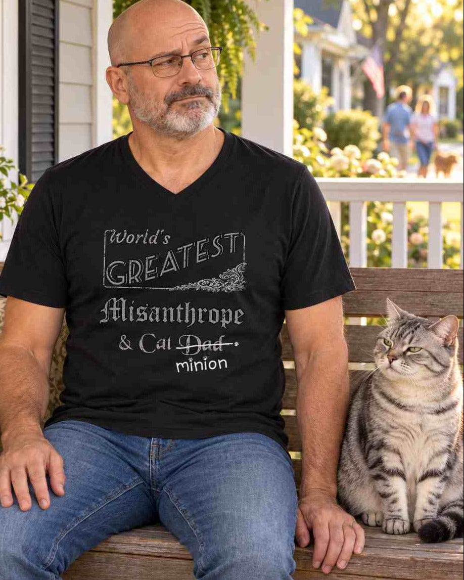 Man reading outdoors while a cat sits beside him, wearing a black V-neck T-shirt reading “World’s Greatest Misanthrope & Cat Dad.” “Dad” is crossed out, with “minion” handwritten beneath it and surrounded by cat paw prints.