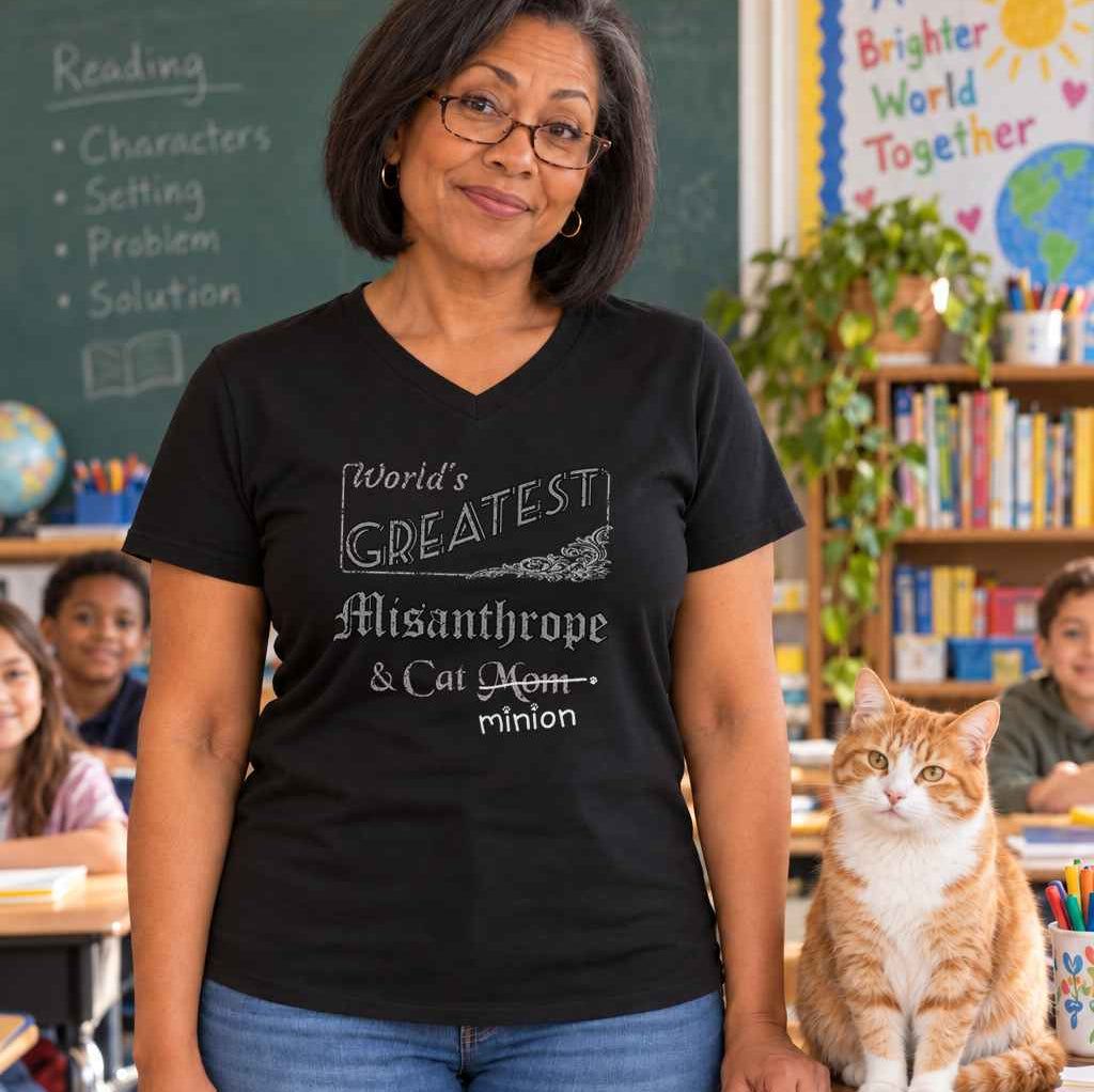 Woman standing at the front of a classroom with a cat on her desk, wearing a black V-neck T-shirt reading “World’s Greatest Misanthrope & Cat Mom.” “Mom” is crossed out, with “minion” handwritten beneath it and surrounded by cat paw prints.