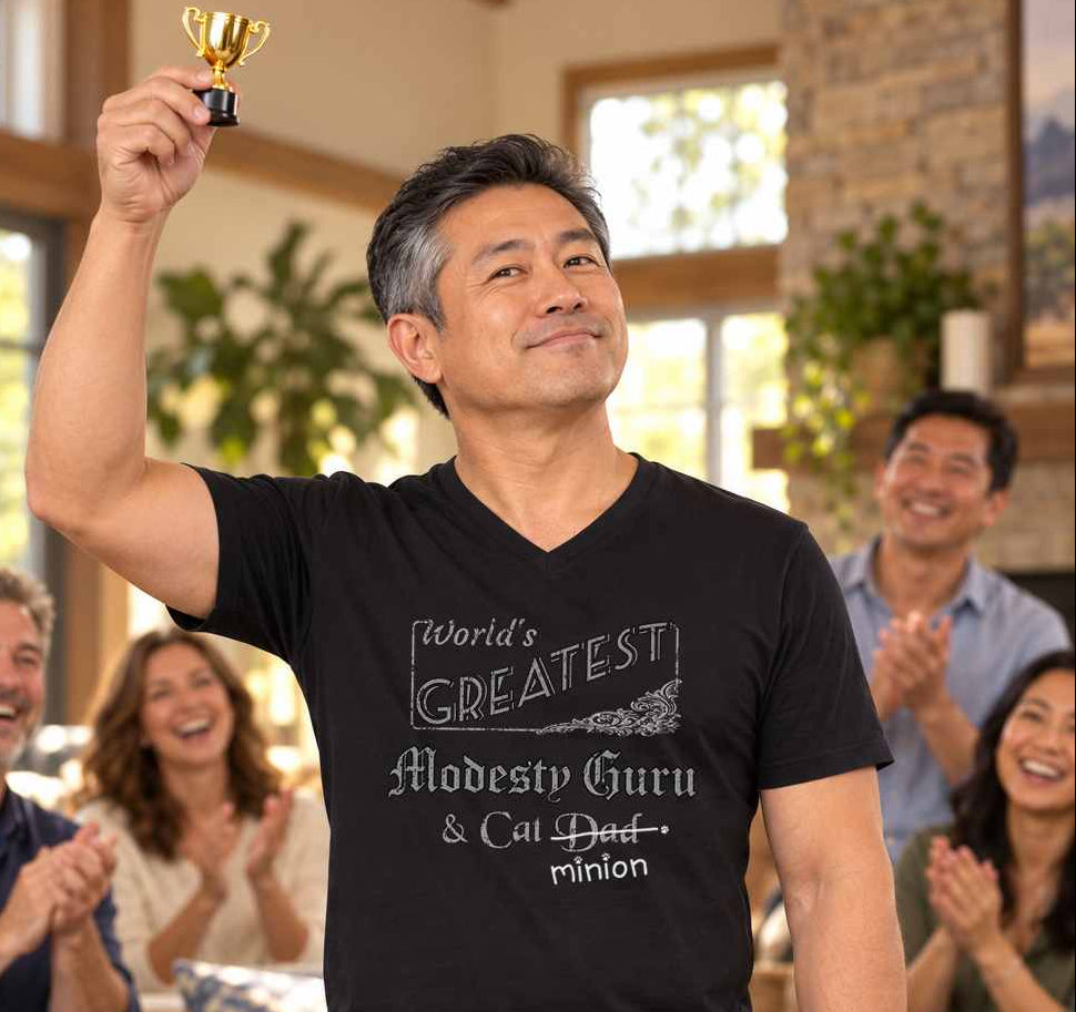 Man holding a tiny trophy overhead while his peers applaud, wearing a black V-neck T-shirt reading “World’s Greatest Modesty Guru & Cat Dad.” “Dad” is crossed out, with “minion” handwritten beneath it and surrounded by cat paw prints.