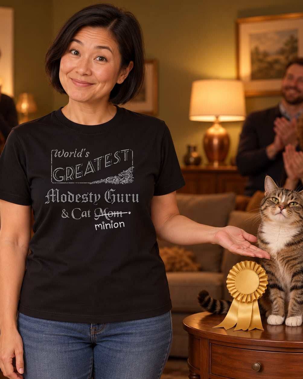 Woman presenting a tabby cat beside a gold rosette while friends applaud in a warmly lit living room, wearing a black crew-neck t-shirt that reads, “World’s Greatest Modesty Guru & Cat Mom” with “Mom” crossed out and “minion” handwritten below with paw prints.