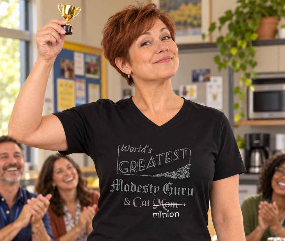 Woman holding a tiny trophy overhead in a teachers’ lunch room, wearing a black V-neck T-shirt reading “World’s Greatest Modesty Guru & Cat Mom.” “Mom” is crossed out, with “minion” handwritten beneath it and surrounded by cat paw prints.