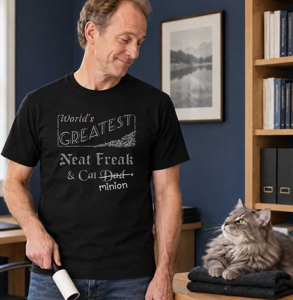 Man holding a lint roller while a fluffy grey cat lounges on a folded cardigan in a tidy navy home office, wearing a black crew-neck t-shirt that reads, “World’s Greatest Neat Freak & Cat Dad” with “Dad” crossed out and “minion” handwritten below with paw prints.