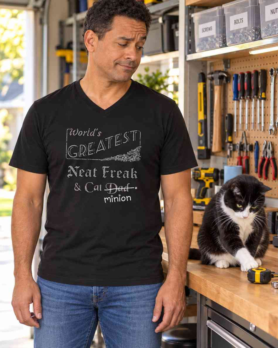 Man looking at a cat beside him in a garage, wearing a black V-neck T-shirt reading “World’s Greatest Neat Freak & Cat Dad.” “Dad” is crossed out, with “minion” handwritten beneath it and surrounded by cat paw prints.