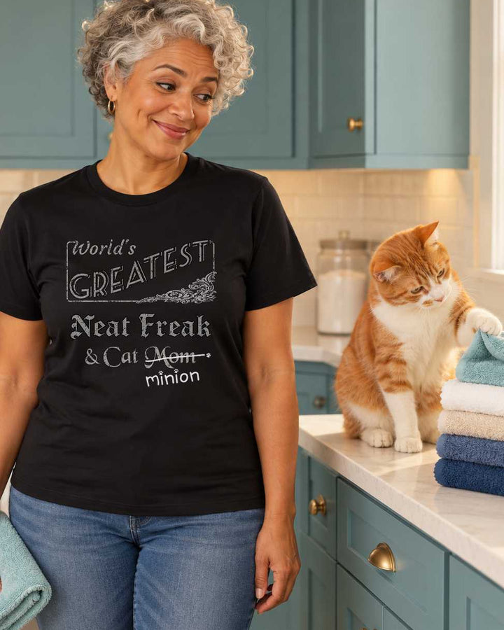 Woman holding a folded towel while a ginger-and-white cat tugs at a neatly stacked towel in a teal laundry room, wearing a black crew-neck t-shirt that reads, “World’s Greatest Neat Freak & Cat Mom” with “Mom” crossed out and “minion” handwritten below with paw prints.