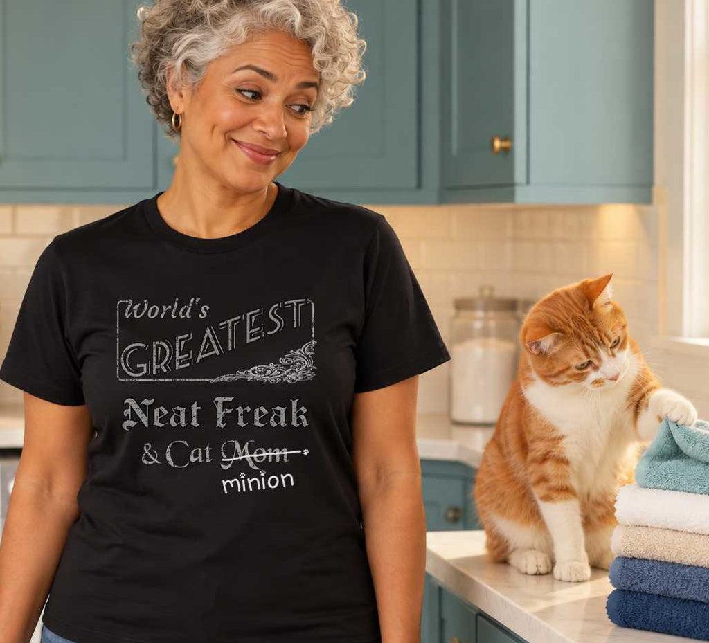 Woman holding a folded towel while a ginger-and-white cat tugs at a neatly stacked towel in a teal laundry room, wearing a black crew-neck t-shirt that reads, “World’s Greatest Neat Freak & Cat Mom” with “Mom” crossed out and “minion” handwritten below with paw prints.