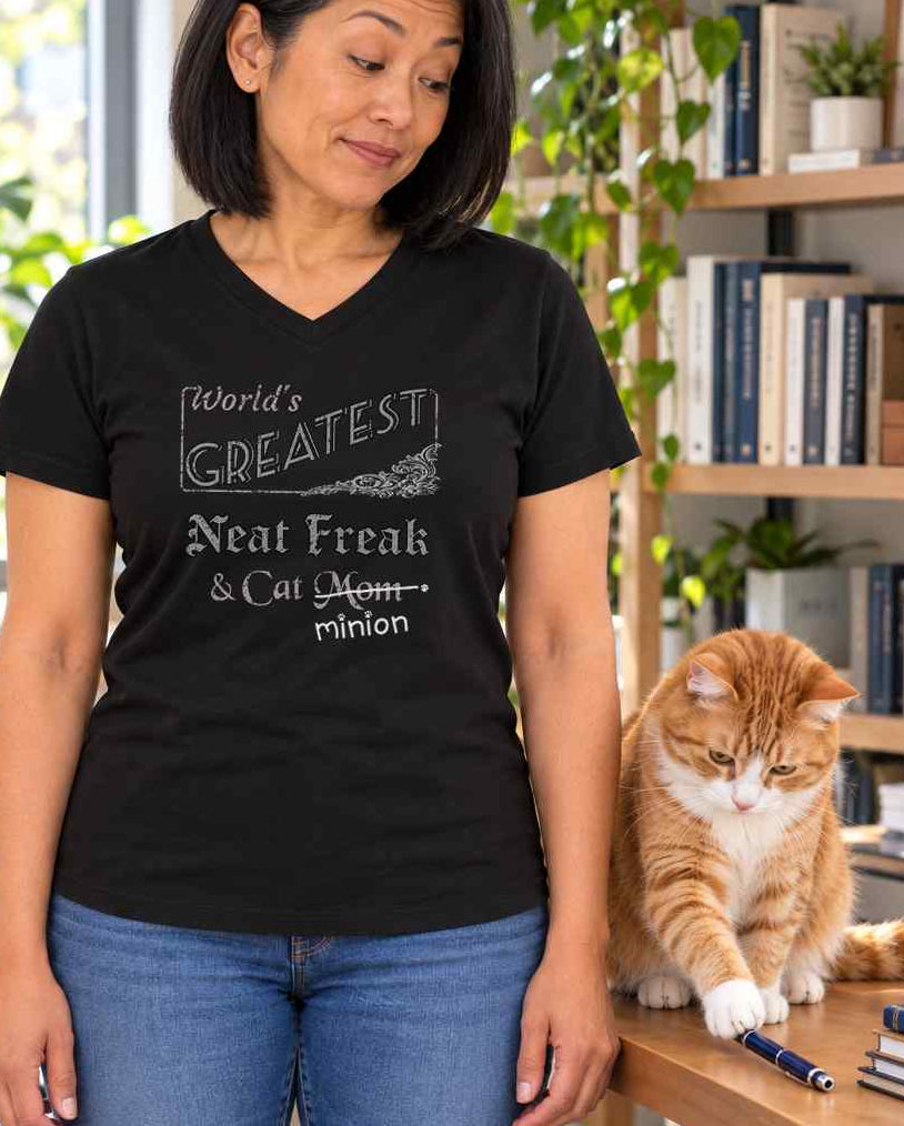Woman looking at a cat pawing a pen on her desk, wearing a black V-neck T-shirt reading “World’s Greatest Neat Freak & Cat Mom.” “Mom” is crossed out, with “minion” handwritten beneath it and surrounded by cat paw prints.