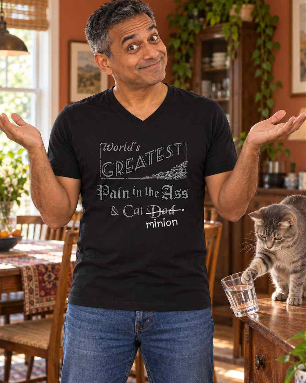 Man shrugging at home beside a cat tipping a glass, wearing a black V-neck T-shirt reading “World’s Greatest Pain in the Ass & Cat Dad.” “Dad” is crossed out, with “minion” handwritten beneath it and surrounded by cat paw prints.