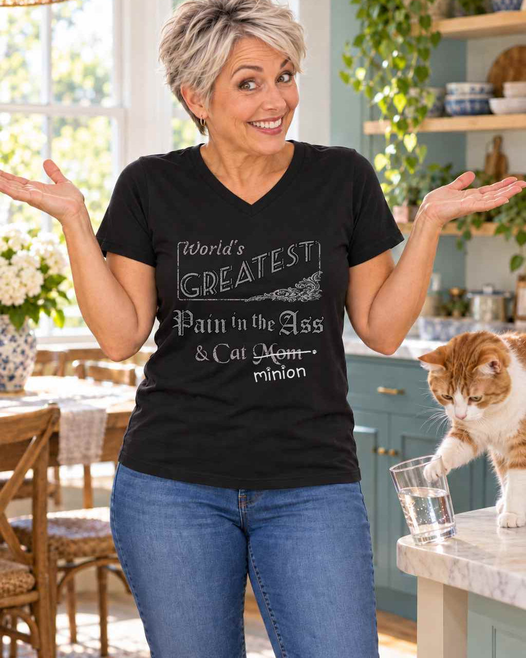 Woman shrugging in a kitchen beside a cat tipping a glass, wearing a black V-neck T-shirt reading “World’s Greatest Pain in the Ass & Cat Mom.” “Mom” is crossed out, with “minion” handwritten beneath it and surrounded by cat paw prints.