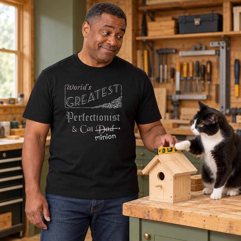 Man checking a wooden birdhouse with a spirit level while a tuxedo cat places a paw on it in a workshop, wearing a black crew-neck t-shirt that reads, “World’s Greatest Perfectionist & Cat Dad” with “Dad” crossed out and “minion” handwritten below with paw prints.