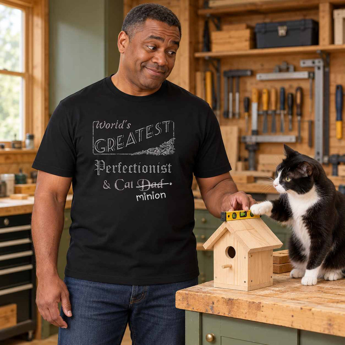 Man checking a wooden birdhouse with a spirit level while a tuxedo cat places a paw on it in a workshop, wearing a black crew-neck t-shirt that reads, “World’s Greatest Perfectionist & Cat Dad” with “Dad” crossed out and “minion” handwritten below with paw prints.