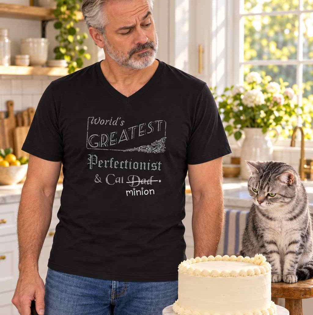 Man inspecting a frosted cake beside a cat, wearing a black V-neck T-shirt reading “World’s Greatest Perfectionist & Cat Dad.” “Dad” is crossed out, with “minion” handwritten beneath it and surrounded by cat paw prints.