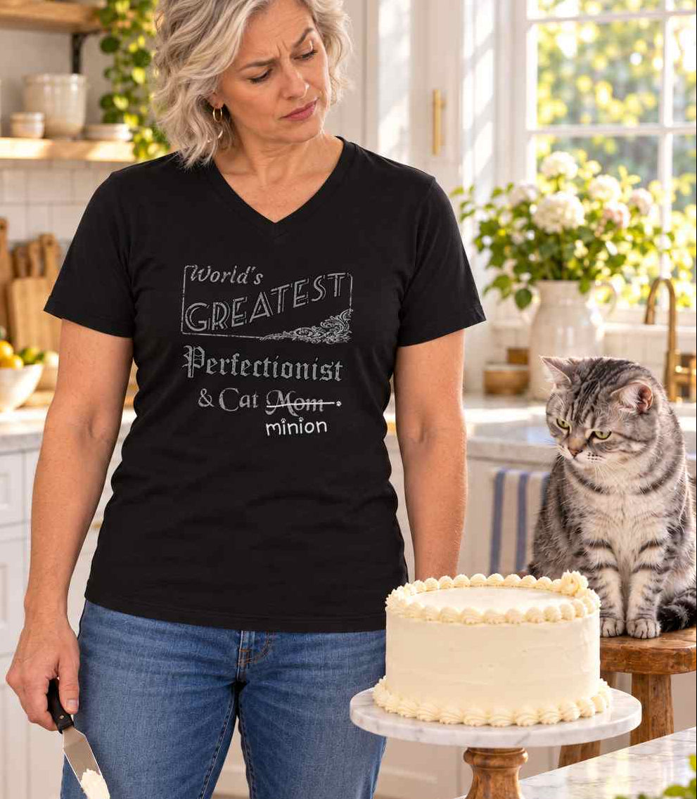 Woman inspecting a frosted cake beside a cat, wearing a black V-neck T-shirt reading “World’s Greatest Perfectionist & Cat Mom.” “Mom” is crossed out, with “minion” handwritten beneath it and surrounded by cat paw prints.
