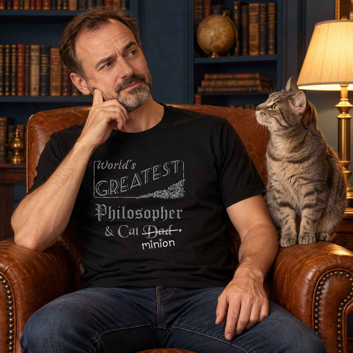 Man pondering in a leather armchair beside a tabby cat in a warmly lit study, wearing a black crew-neck t-shirt that reads, “World’s Greatest Philosopher & Cat Dad” with “Dad” crossed out and “minion” handwritten below with paw prints.