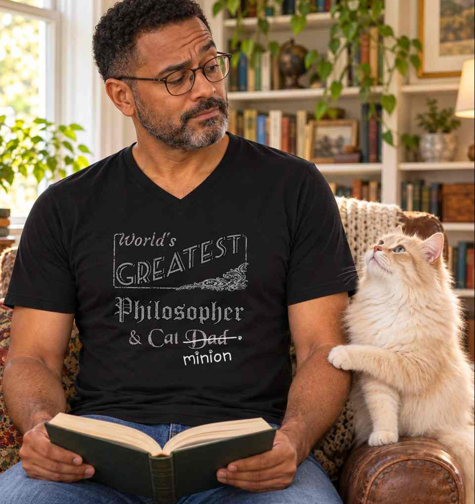 Man reading his book is interrupted by his cat who wants attention. The man is wearing a shirt that reads, "World's Greatest Philosopher and Cat Dad". "Dad" is crossed out and "minion" is handwritten below with a few cat paw prints.