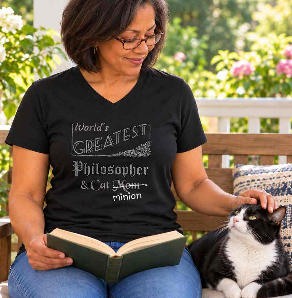 Woman holding an open book and petting a cat on a porch, wearing a black V-neck T-shirt reading “World’s Greatest Philosopher & Cat Mom.” “Mom” is crossed out, with “minion” handwritten beneath it and surrounded by cat paw prints.