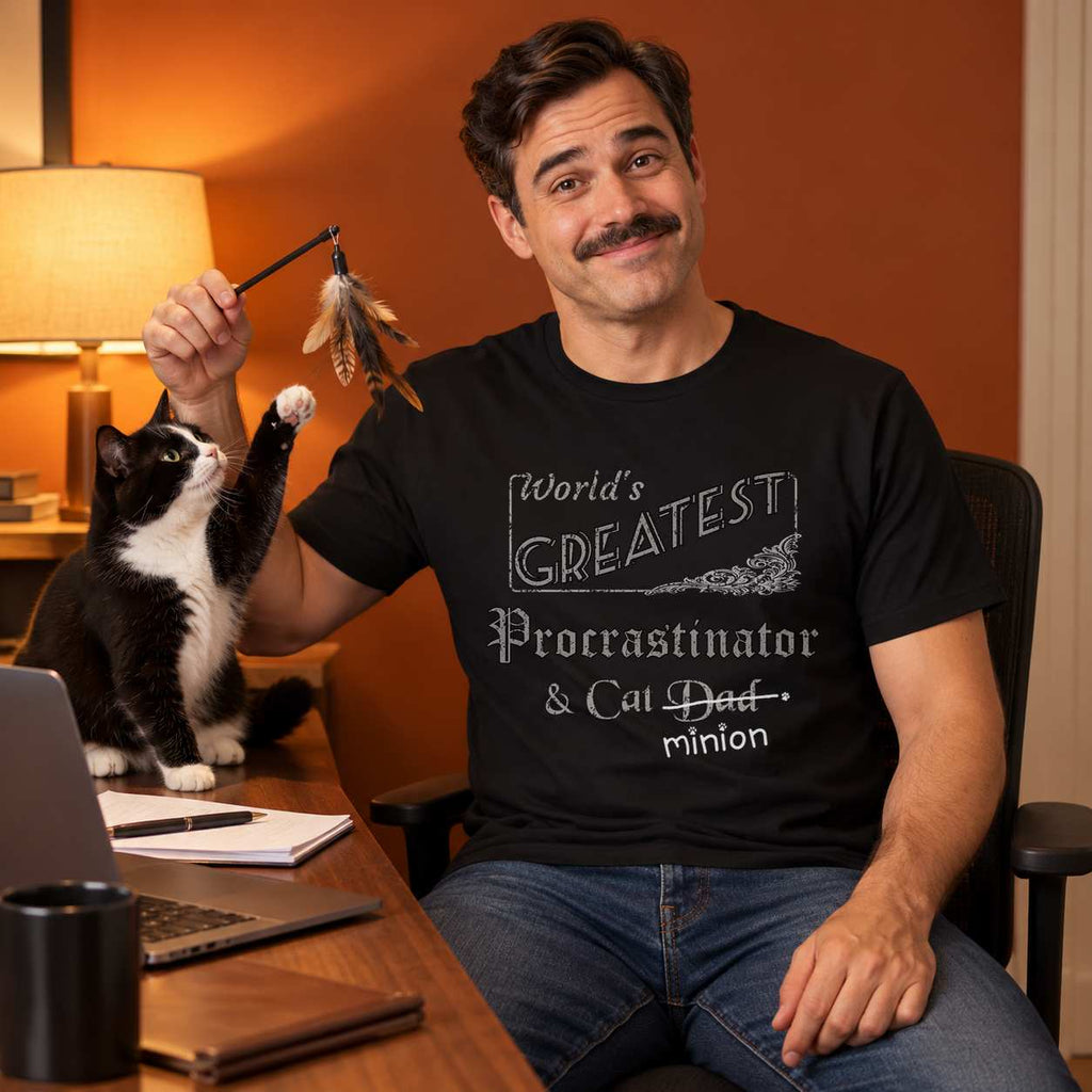 Man playing with a tuxedo cat using a feather toy while laptop and paperwork wait in a warmly lit office, wearing a black crew-neck t-shirt that reads, “World’s Greatest Procrastinator & Cat Dad” with “Dad” crossed out and “minion” handwritten below with paw prints.