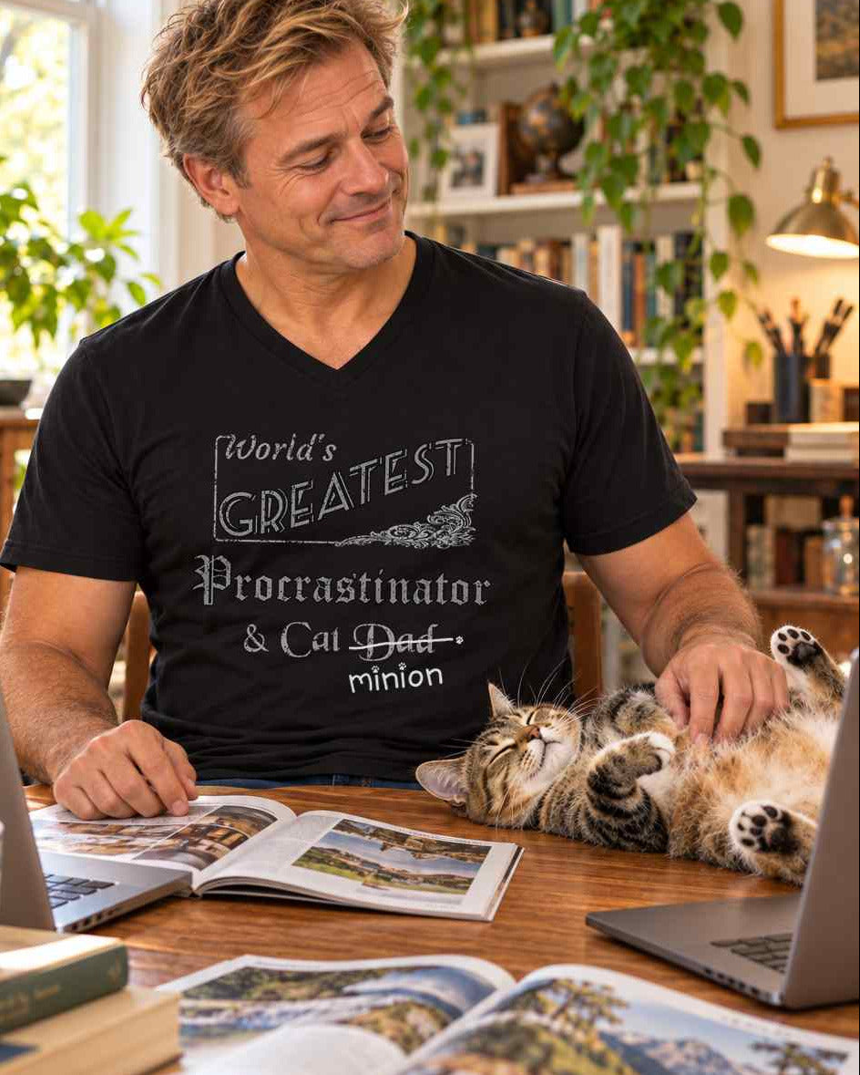 Man rubbing a cat’s belly at a table with laptops, books and magazines, wearing a black V-neck T-shirt reading “World’s Greatest Procrastinator & Cat Dad.” “Dad” is crossed out, with “minion” handwritten beneath it and surrounded by cat paw prints.