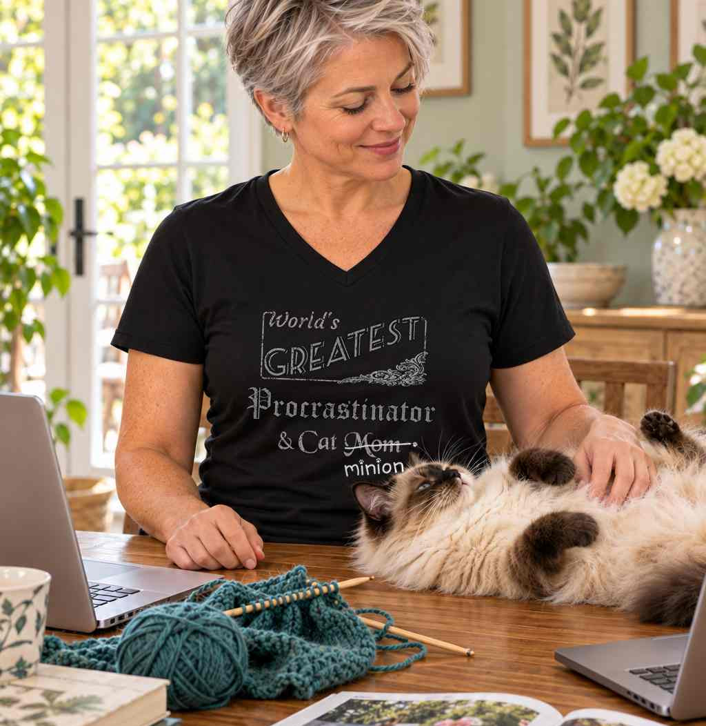 Woman petting a cat at a table with a laptop, books, magazines and knitting, wearing a black V-neck T-shirt reading “World’s Greatest Procrastinator & Cat Mom.” “Mom” is crossed out, with “minion” handwritten beneath it and surrounded by cat paw prints.