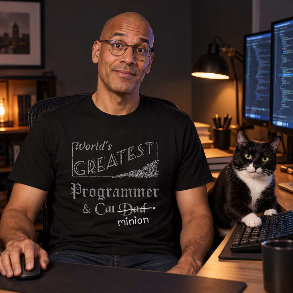 Man at a dual-monitor workstation with a tuxedo cat resting its paws on the keyboard, wearing a black crew-neck t-shirt that reads, “World’s Greatest Programmer & Cat Dad” with “Dad” crossed out and “minion” handwritten below with paw prints.