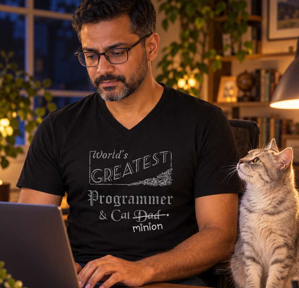 Man working at a laptop by lamplight with a cat beside him, wearing a black V-neck T-shirt reading “World’s Greatest Programmer & Cat Dad.” “Dad” is crossed out, with “minion” handwritten beneath it and surrounded by cat paw prints.