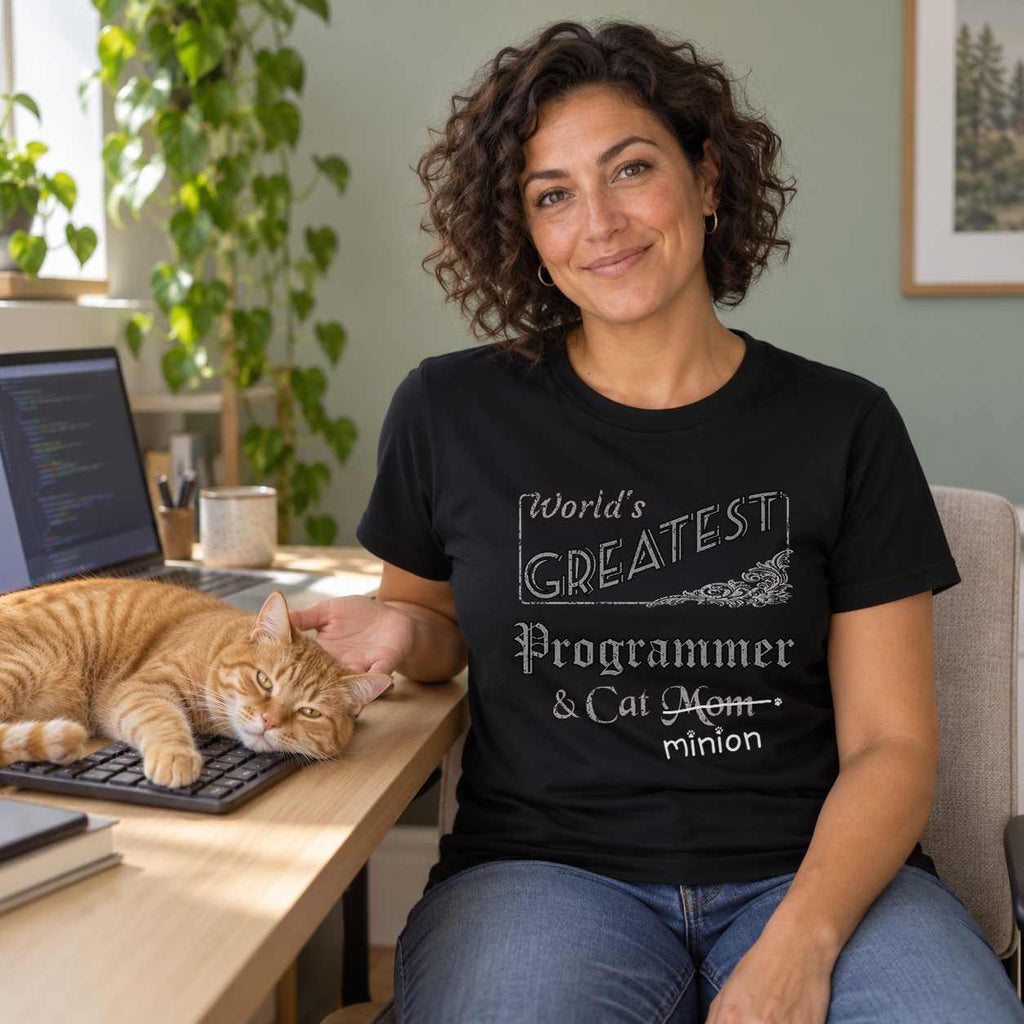 Woman presenting an orange tabby sprawled across a keyboard beside her laptop, wearing a black crew-neck t-shirt that reads, “World’s Greatest Programmer & Cat Mom” with “Mom” crossed out and “minion” handwritten below with paw prints.
