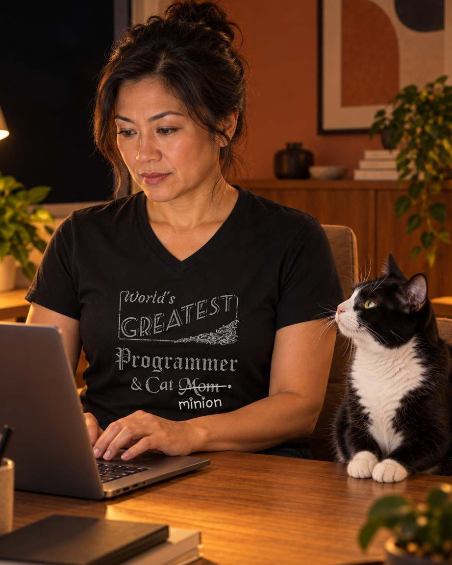 Woman working at a laptop at night with a cat beside her, wearing a black V-neck T-shirt reading “World’s Greatest Programmer & Cat Mom.” “Mom” is crossed out, with “minion” handwritten beneath it and surrounded by cat paw prints.