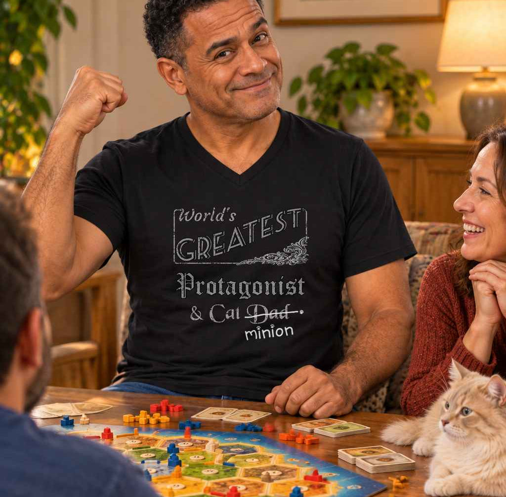 Man gesturing during a board game with friends and a cat nearby, wearing a black V-neck T-shirt reading “World’s Greatest Protagonist & Cat Dad.” “Dad” is crossed out, with “minion” handwritten beneath it and surrounded by cat paw prints.