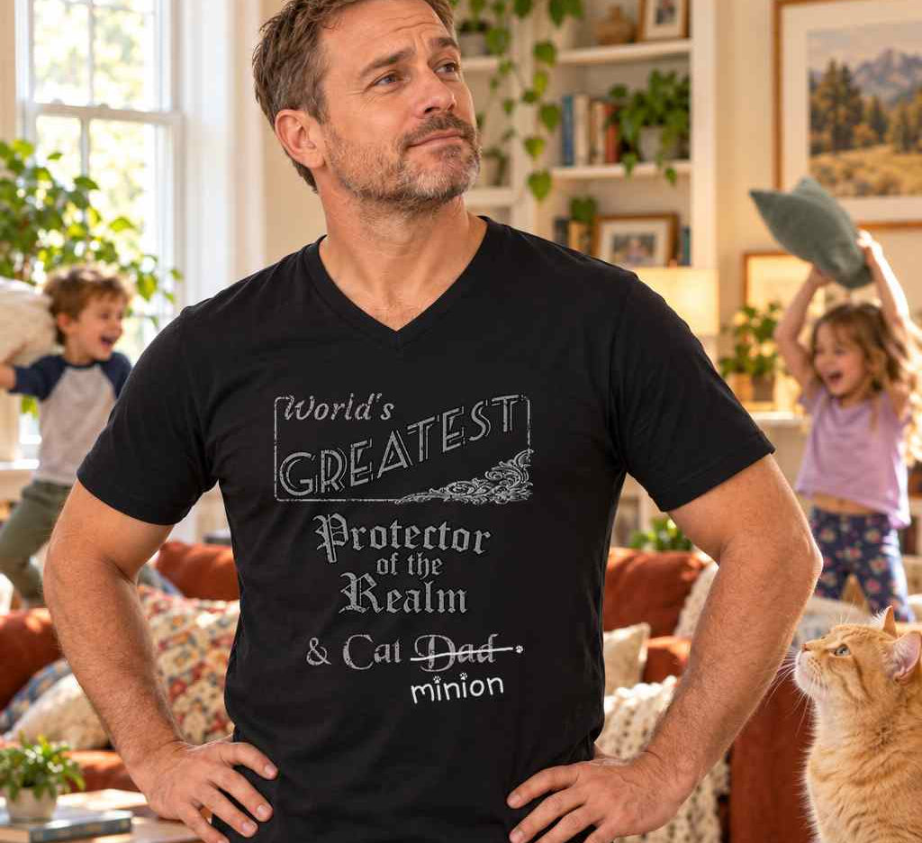 Man posing with hands on hips while children play behind him and a cat watches, wearing a black V-neck T-shirt reading “World’s Greatest Protector of the Realm & Cat Dad.” “Dad” is crossed out, with “minion” handwritten beneath it and surrounded by cat paw prints.
