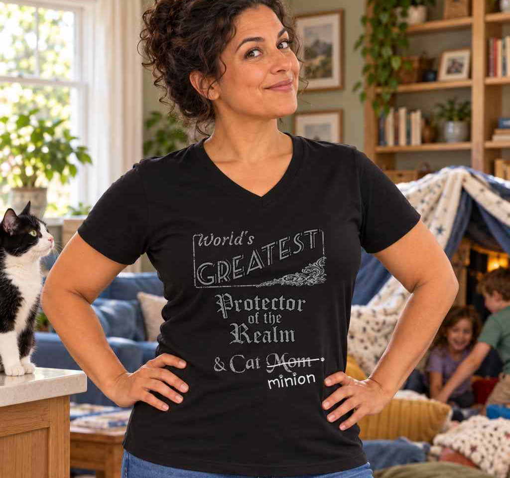 Woman posing with hands on hips while children play behind her and a cat watches, wearing a black V-neck T-shirt reading “World’s Greatest Protector of the Realm & Cat Mom.” “Mom” is crossed out, with “minion” handwritten beneath it and surrounded by cat paw prints.