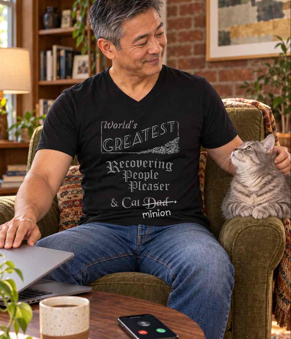 Man closing a laptop beside a ringing phone and a cat, wearing a black V-neck T-shirt reading “World’s Greatest Recovering People Pleaser & Cat Dad.” “Dad” is crossed out, with “minion” handwritten beneath it and surrounded by cat paw prints.