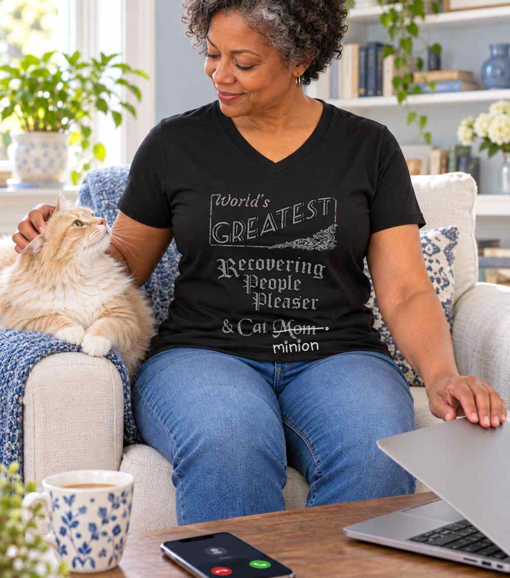 Woman closing a laptop beside a ringing phone and a cat, wearing a black V-neck T-shirt reading “World’s Greatest Recovering People Pleaser & Cat Mom.” “Mom” is crossed out, with “minion” handwritten beneath it and surrounded by cat paw prints.