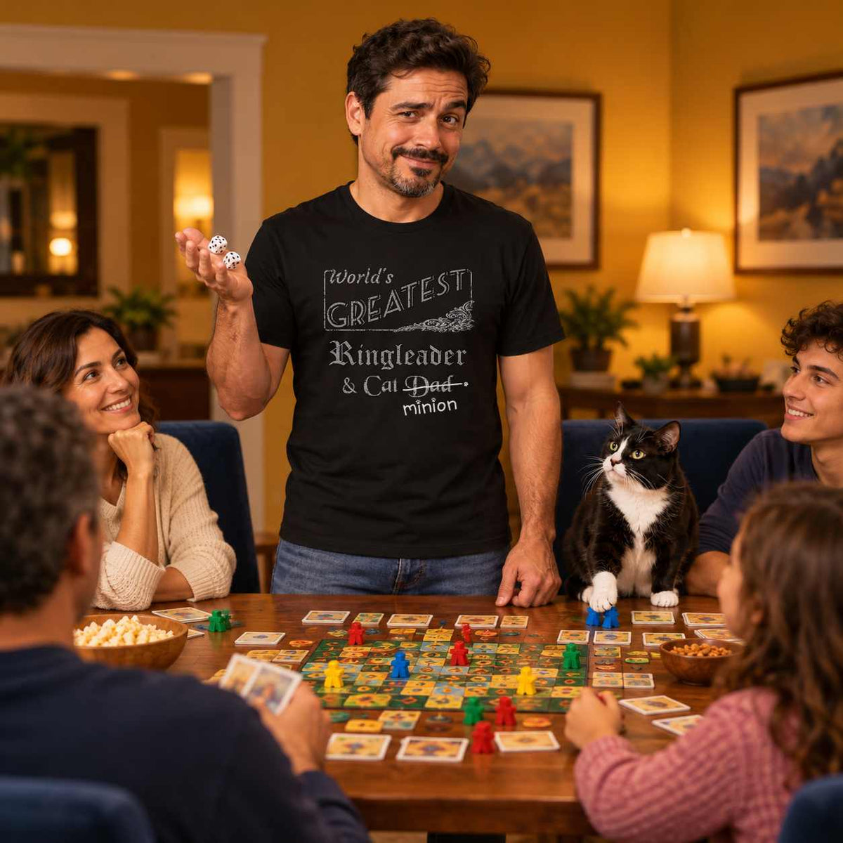 Man holding dice behind a family game table with a tuxedo cat beside him and players gathered around, wearing a black crew-neck t-shirt that reads, “World’s Greatest Ringleader & Cat Dad” with “Dad” crossed out and “minion” handwritten below with paw prints.