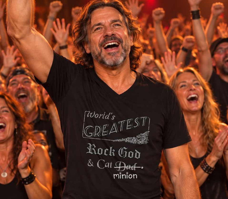 Man raising an arm at a concert among cheering fans, wearing a black V-neck T-shirt reading “World’s Greatest Rock God & Cat Dad.” “Dad” is crossed out, with “minion” handwritten beneath it and surrounded by cat paw prints.