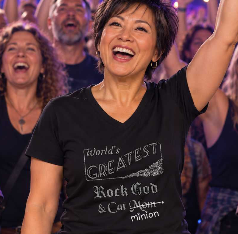 Woman raising an arm at a concert among cheering fans, wearing a black V-neck T-shirt reading “World’s Greatest Rock God & Cat Mom.” “Mom” is crossed out, with “minion” handwritten beneath it and surrounded by cat paw prints.