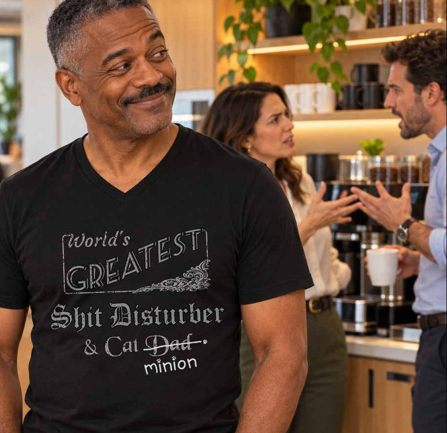 Man smiling while two colleagues argue behind him at an office coffee station, wearing a black V-neck T-shirt reading “World’s Greatest Shit Disturber & Cat Dad.” “Dad” is crossed out, with “minion” handwritten beneath it and surrounded by cat paw prints.