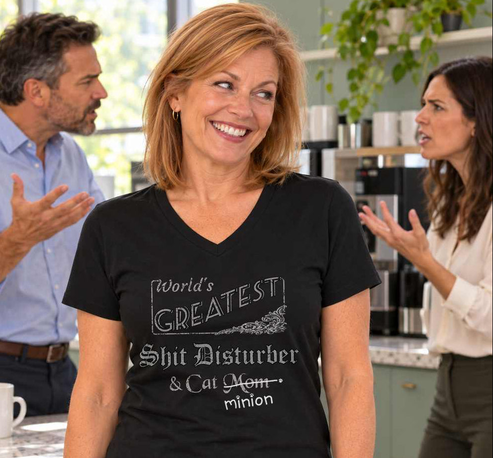 Woman smiling while two colleagues argue behind her at an office coffee station, wearing a black V-neck T-shirt reading “World’s Greatest Shit Disturber & Cat Mom.” “Mom” is crossed out, with “minion” handwritten beneath it and surrounded by cat paw prints.