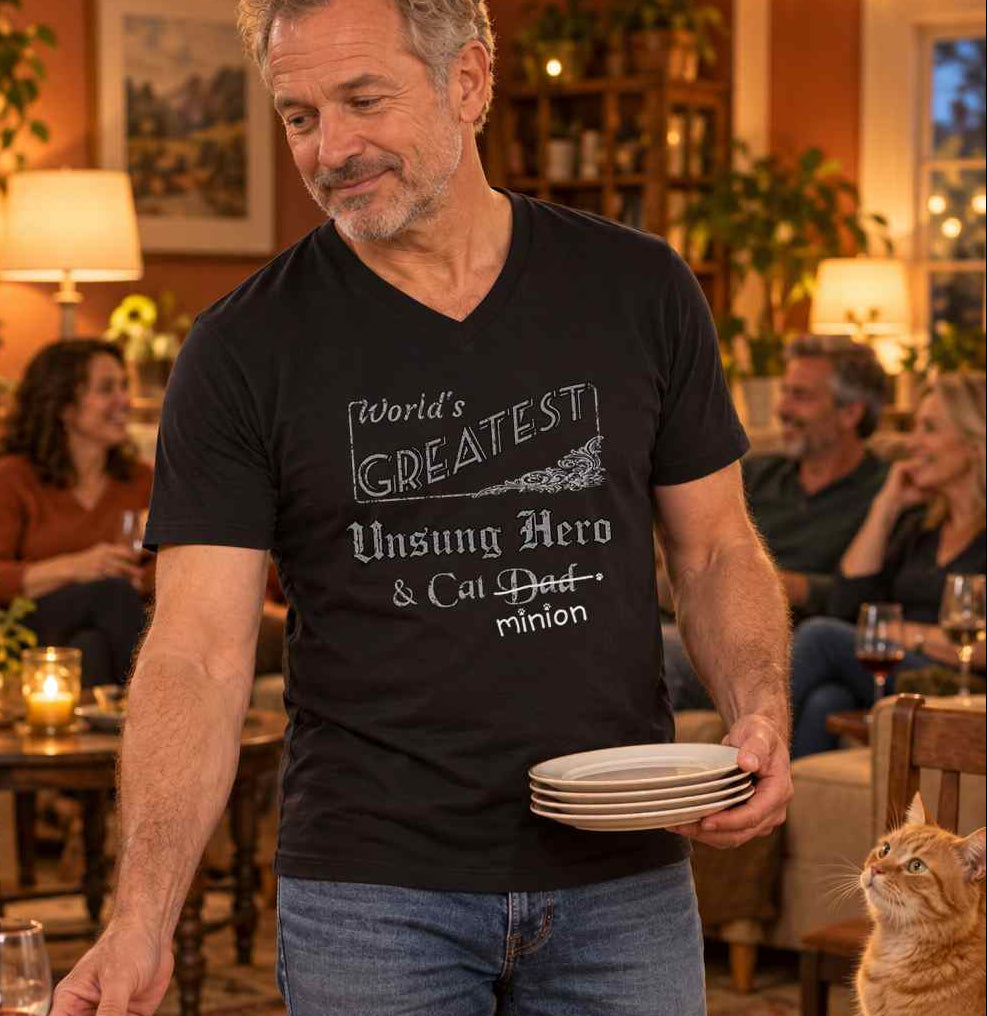 Man clearing plates while guests relax behind him and a cat watches, wearing a black V-neck T-shirt reading “World’s Greatest Unsung Hero & Cat Dad.” “Dad” is crossed out, with “minion” handwritten beneath it and surrounded by cat paw prints.