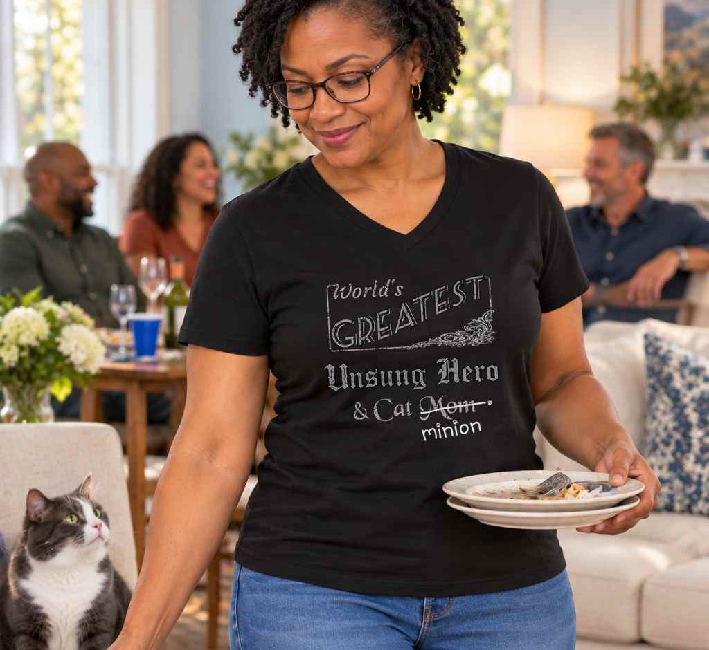 Woman clearing plates while guests relax behind her and a cat watches, wearing a black V-neck T-shirt reading “World’s Greatest Unsung Hero & Cat Mom.” “Mom” is crossed out, with “minion” handwritten beneath it and surrounded by cat paw prints.