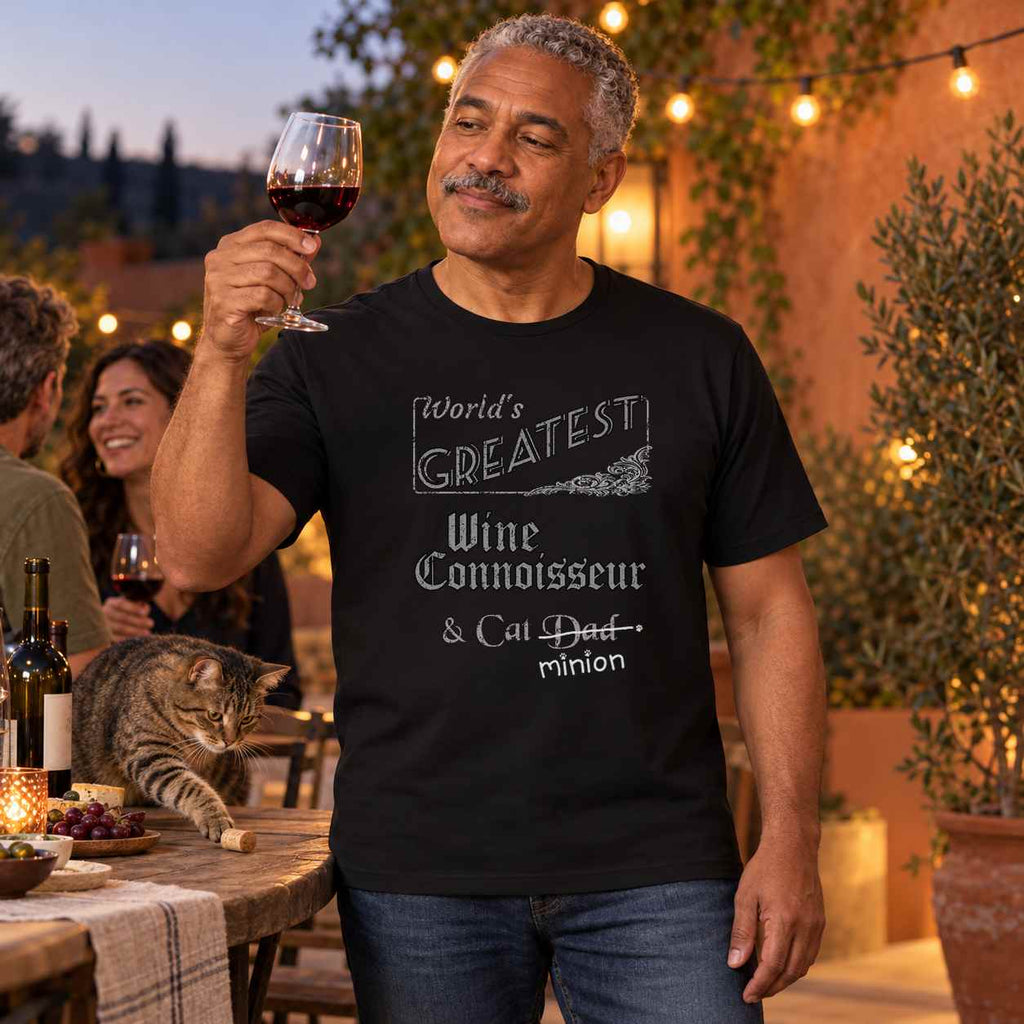 Man inspecting a glass of red wine at a patio gathering while a tabby cat bats a cork, wearing a black crew-neck t-shirt that reads, “World’s Greatest Wine Connoisseur & Cat Dad” with “Dad” crossed out and “minion” handwritten below with paw prints.