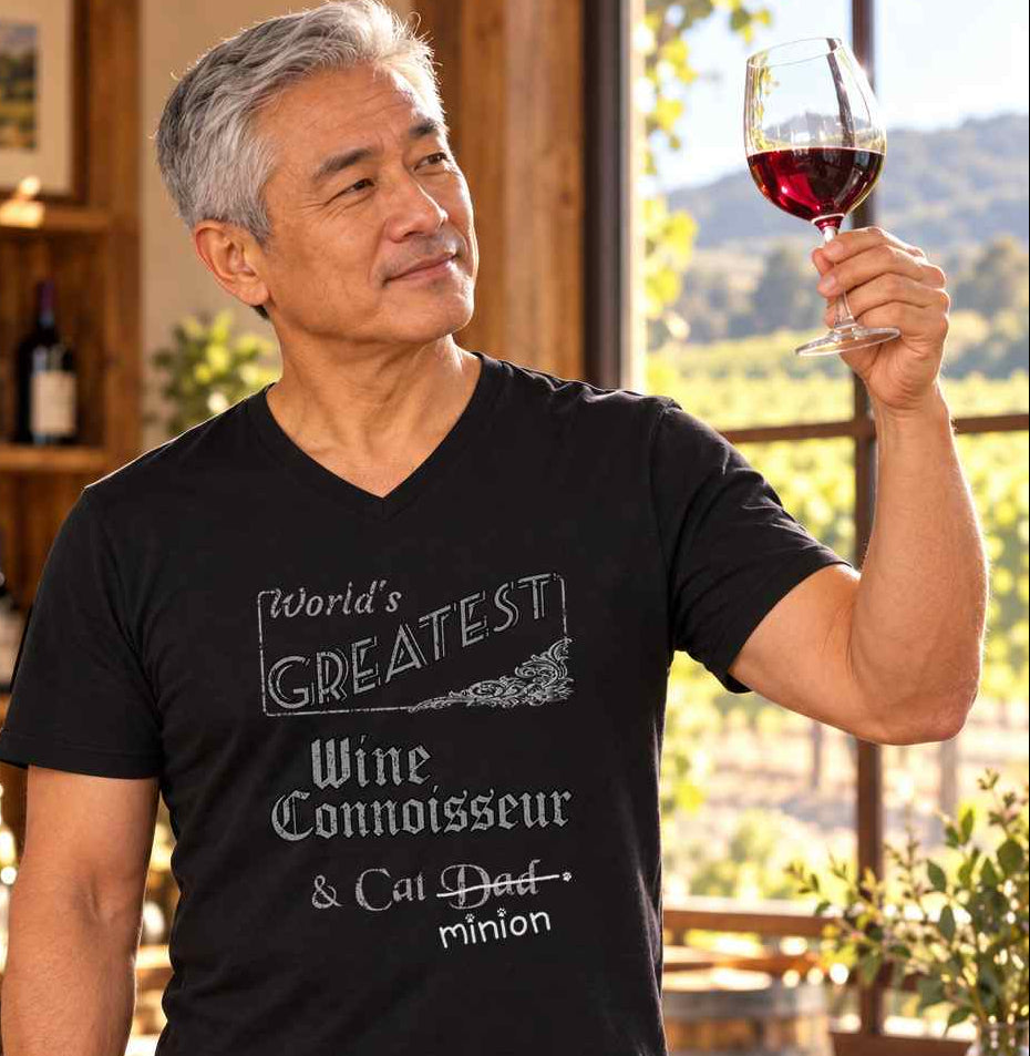 Man holding a glass of red wine up to the light, wearing a black V-neck T-shirt reading “World’s Greatest Wine Connoisseur & Cat Dad.” “Dad” is crossed out, with “minion” handwritten beneath it and surrounded by cat paw prints.