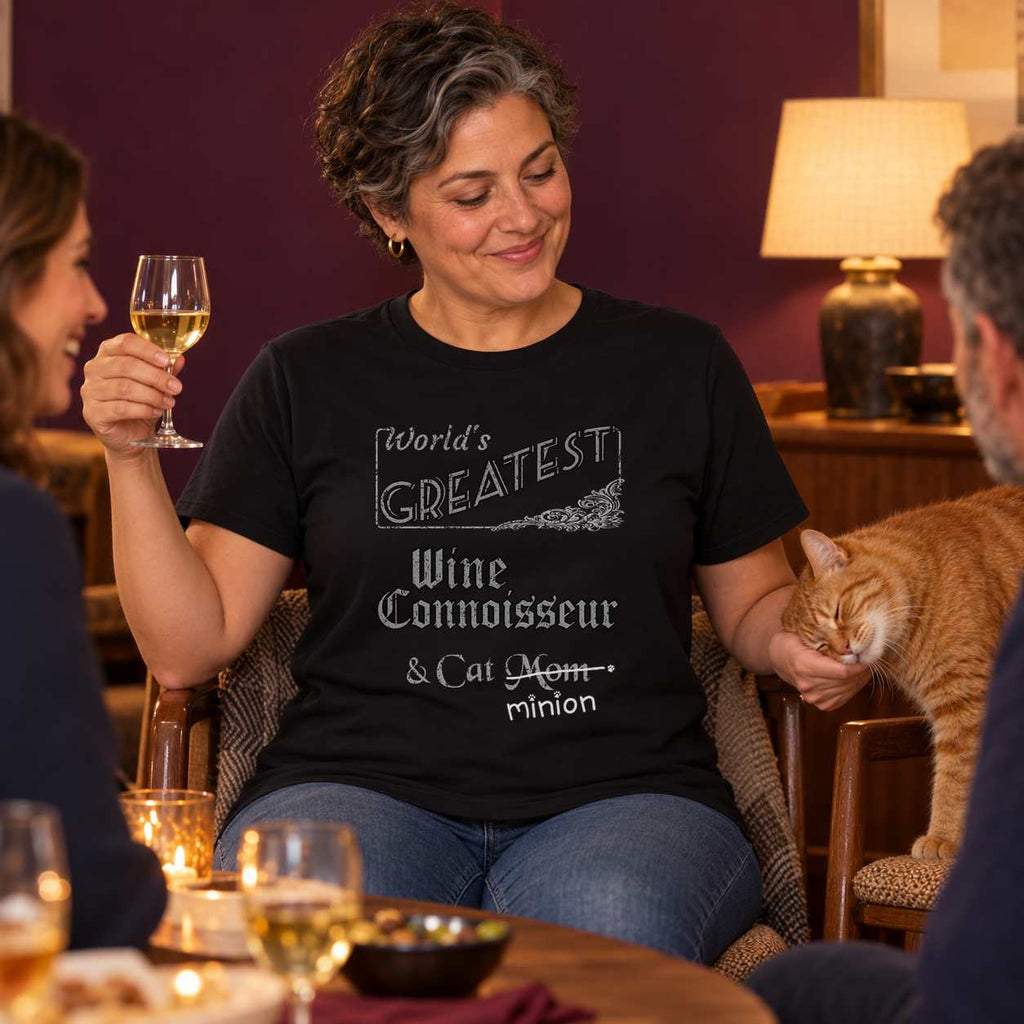 Woman holding white wine among friends while a ginger cat head-butts her free hand, wearing a black crew-neck t-shirt that reads, “World’s Greatest Wine Connoisseur & Cat Mom” with “Mom” crossed out and “minion” handwritten below with paw prints.