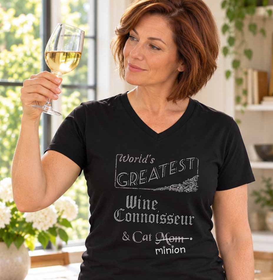 Woman holding a glass of white wine up to the light, wearing a black V-neck T-shirt reading “World’s Greatest Wine Connoisseur & Cat Mom.” “Mom” is crossed out, with “minion” handwritten beneath it and surrounded by cat paw prints.