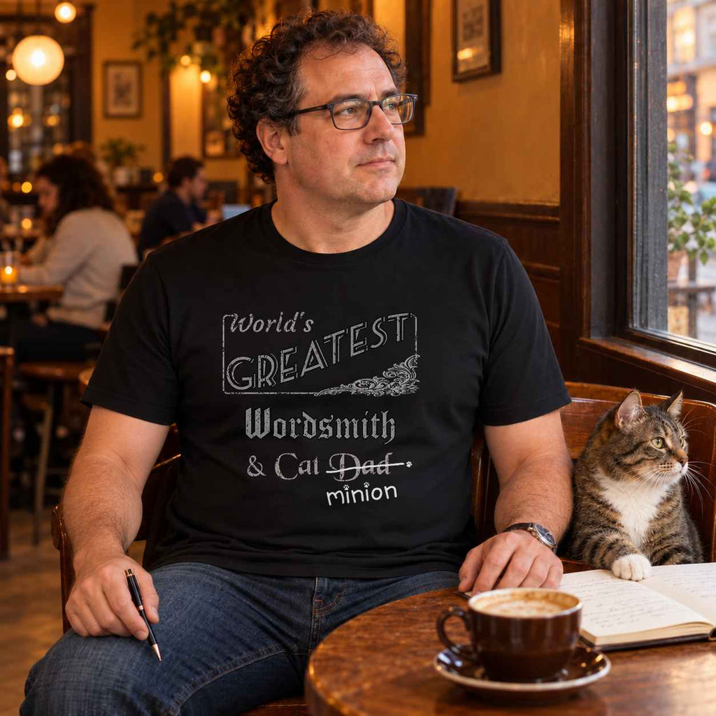 Man looking thoughtfully out a café window, holding a pen beside his knee with a tabby cat beside his notebook, wearing a black crew-neck t-shirt that reads, “World’s Greatest Wordsmith & Cat Dad” with “Dad” crossed out and “minion” handwritten below with paw prints.