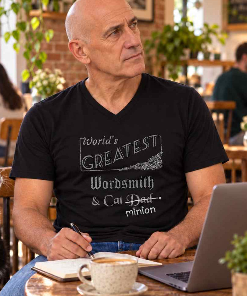 Man in a cafe staring into the distance with a pen and notepad, wearing a black V-neck T-shirt reading “World’s Greatest Wordsmith & Cat Dad.” “Dad” is crossed out, with “minion” handwritten beneath it and surrounded by cat paw prints.