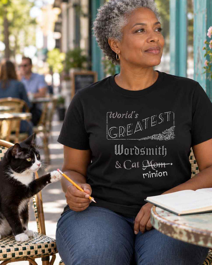 Woman looking thoughtfully down the street at a sidewalk café while a tuxedo cat reaches for her pencil, wearing a black crew-neck t-shirt that reads, “World’s Greatest Wordsmith & Cat Mom” with “Mom” crossed out and “minion” handwritten below with paw prints.