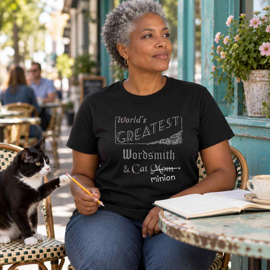Woman looking thoughtfully down the street at a sidewalk café while a tuxedo cat reaches for her pencil, wearing a black crew-neck t-shirt that reads, “World’s Greatest Wordsmith & Cat Mom” with “Mom” crossed out and “minion” handwritten below with paw prints.