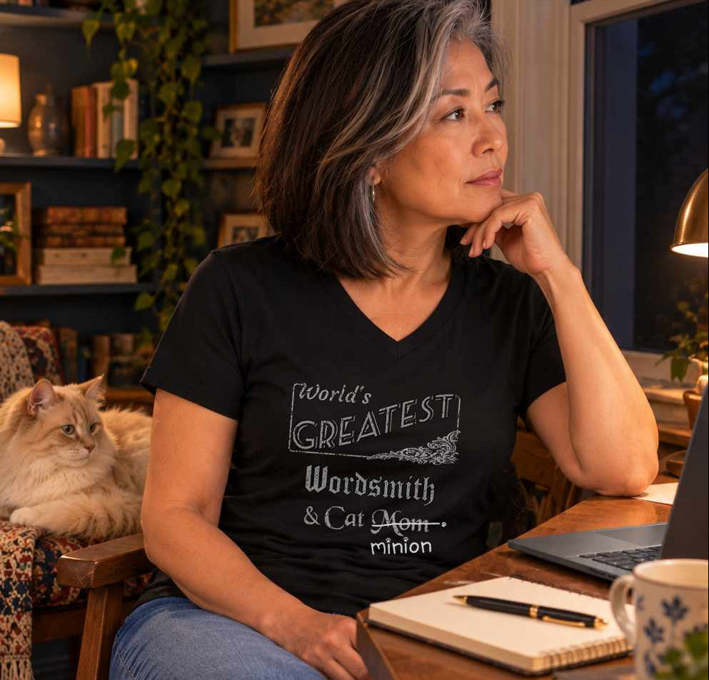 Woman resting her chin on her hand and looking out a dark window beside a laptop and a cat, wearing a black V-neck T-shirt reading “World’s Greatest Wordsmith & Cat Mom.” “Mom” is crossed out, with “minion” handwritten beneath it and surrounded by cat paw prints.