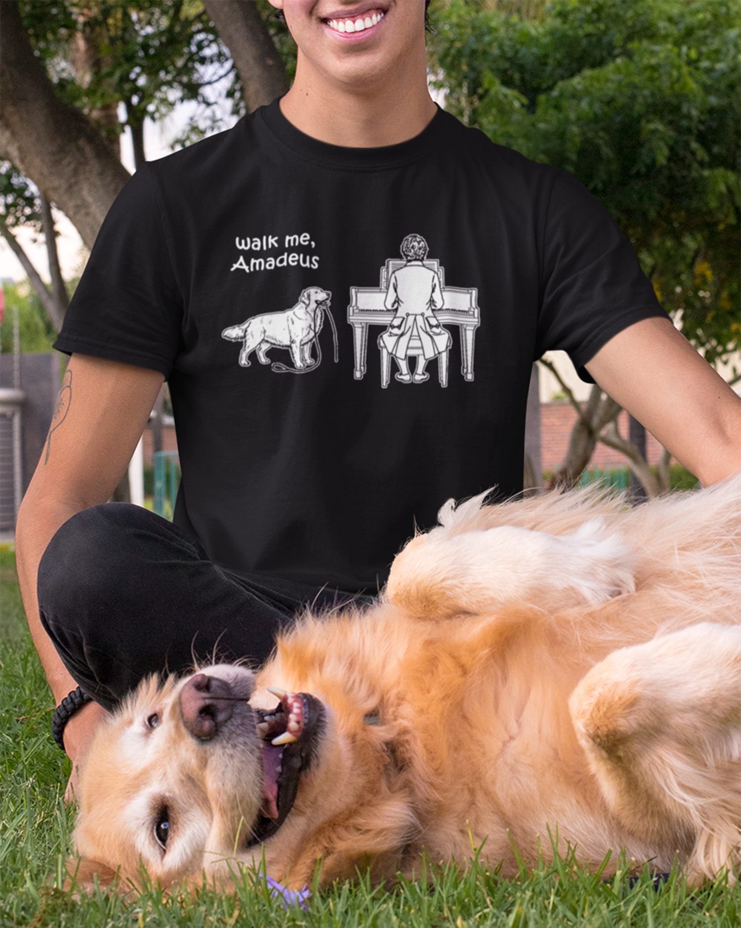 A very happy golden retriever lies in front of his human in a park; the model is wearing a black t-shirt with the slogan 'Walk me, Amadeus' above a golden retriever standing beside Mozart playing at a piano.